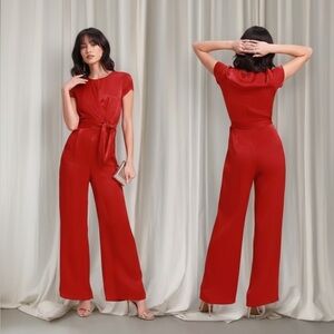 Lulus let me entertain you red satin wide leg jumpsuit size medium